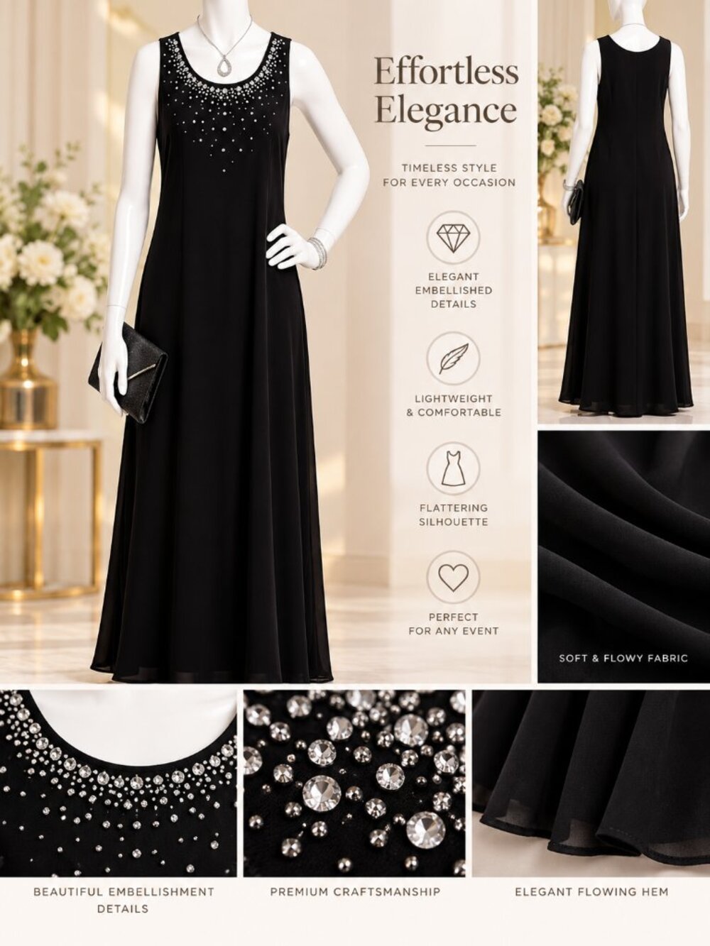 6th & Lane Black Embellished Maxi Dress – Size 12 | Like New | Elegant Evening D